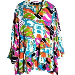 Ashley Stewart Women's Size 14/16 Textured Woven Blouse Multicolored Top V Neck